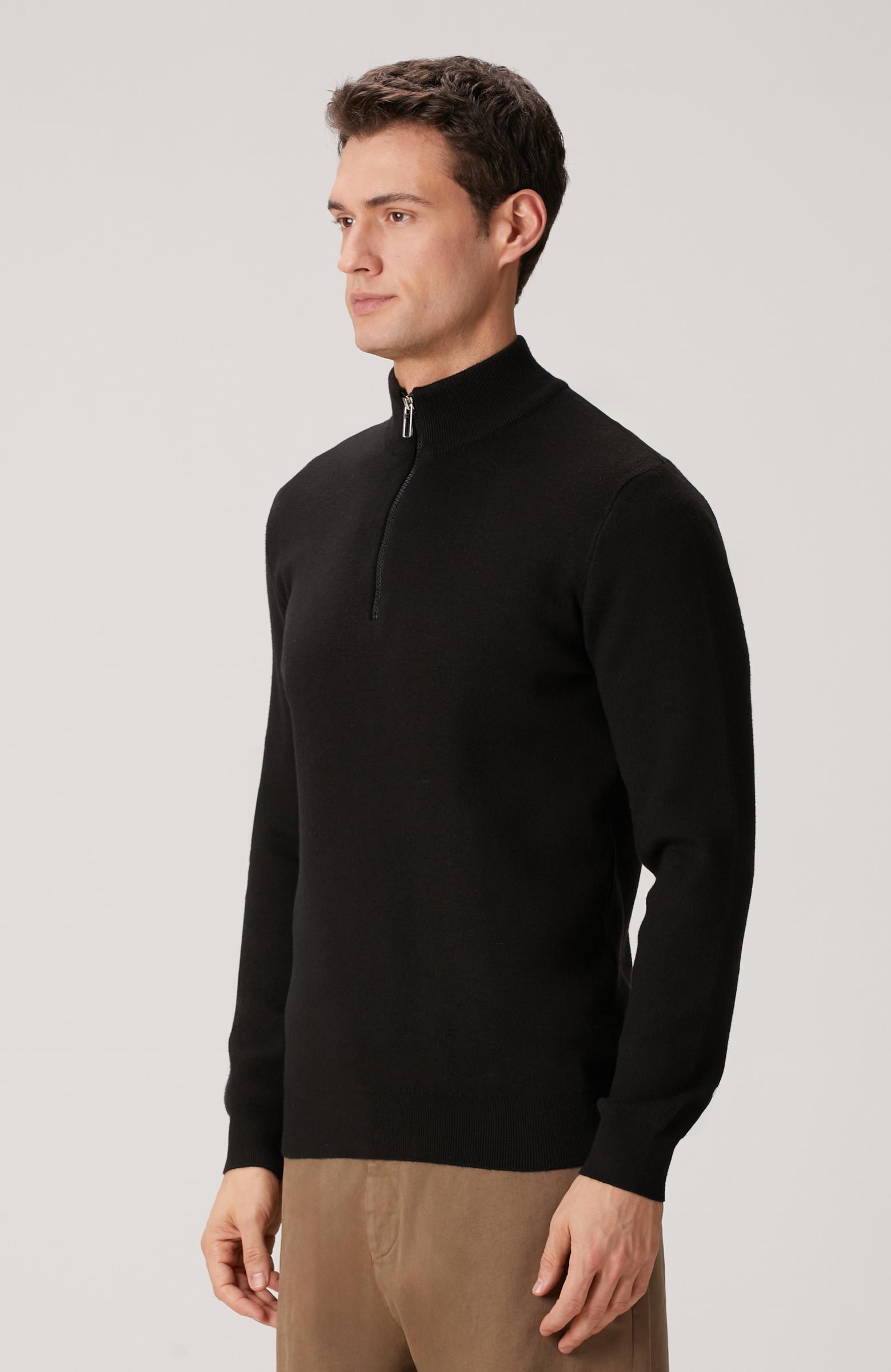 Network Erkek Siyah Yakası Fermuarlı Triko Kazak