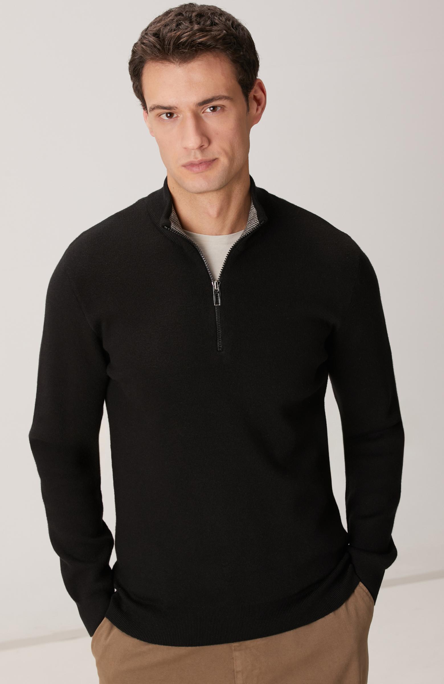 Network Erkek Siyah Yakası Fermuarlı Triko Kazak