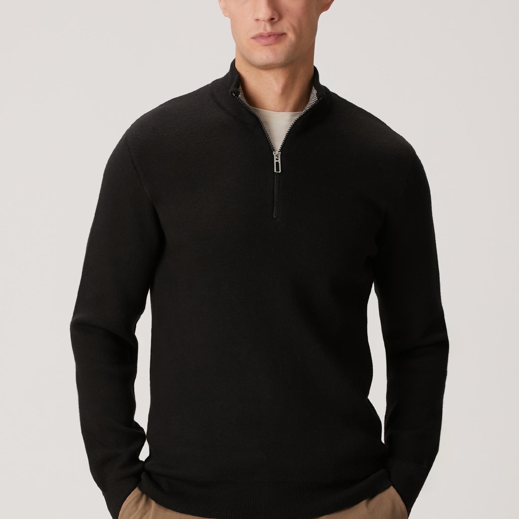 Network Erkek Siyah Yakası Fermuarlı Triko Kazak