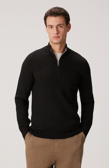  Network Erkek Siyah Yakası Fermuarlı Triko Kazak