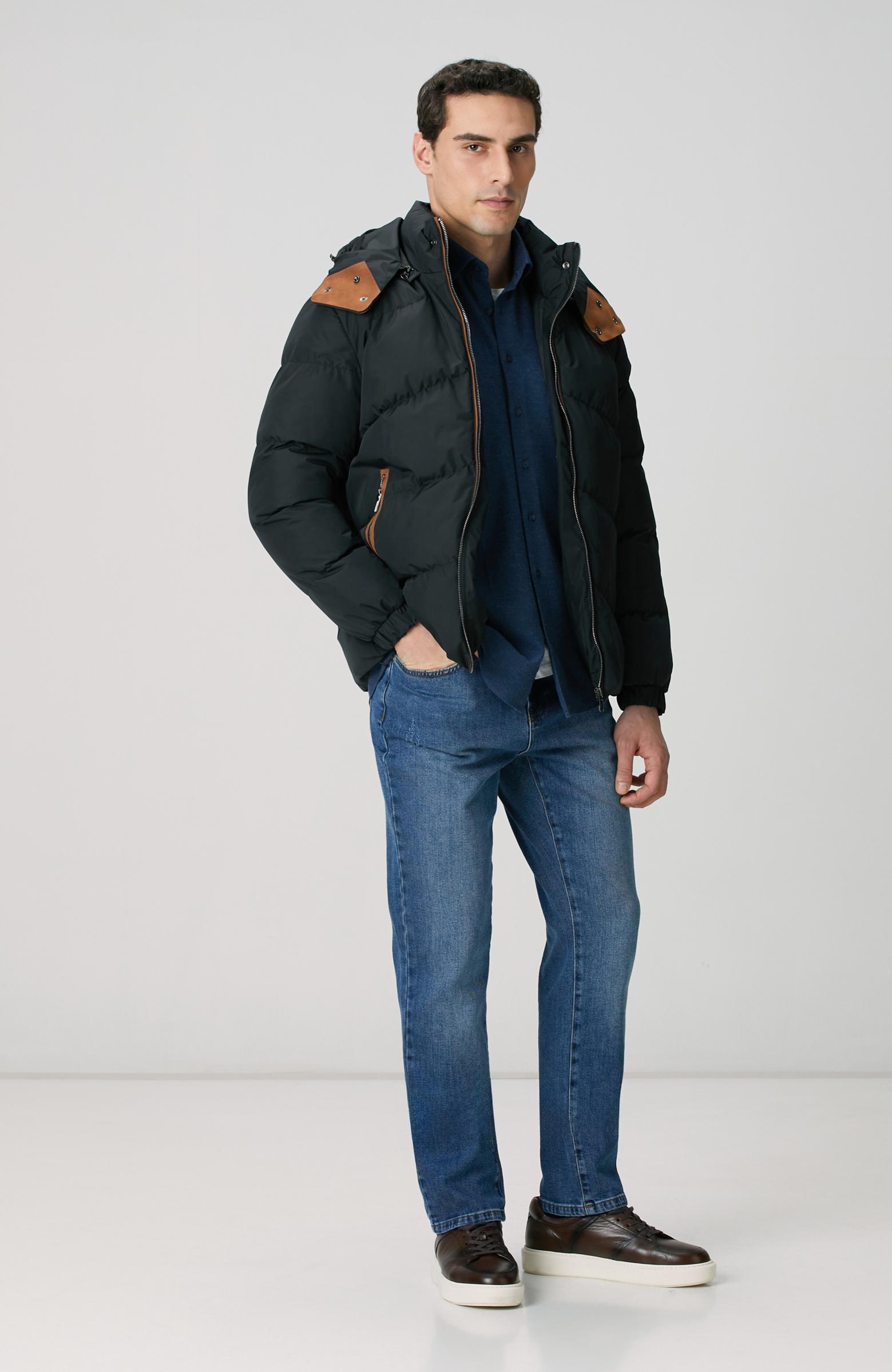  Network Erkek Siyah Su İtici Özellikli Deri Garnili Mont