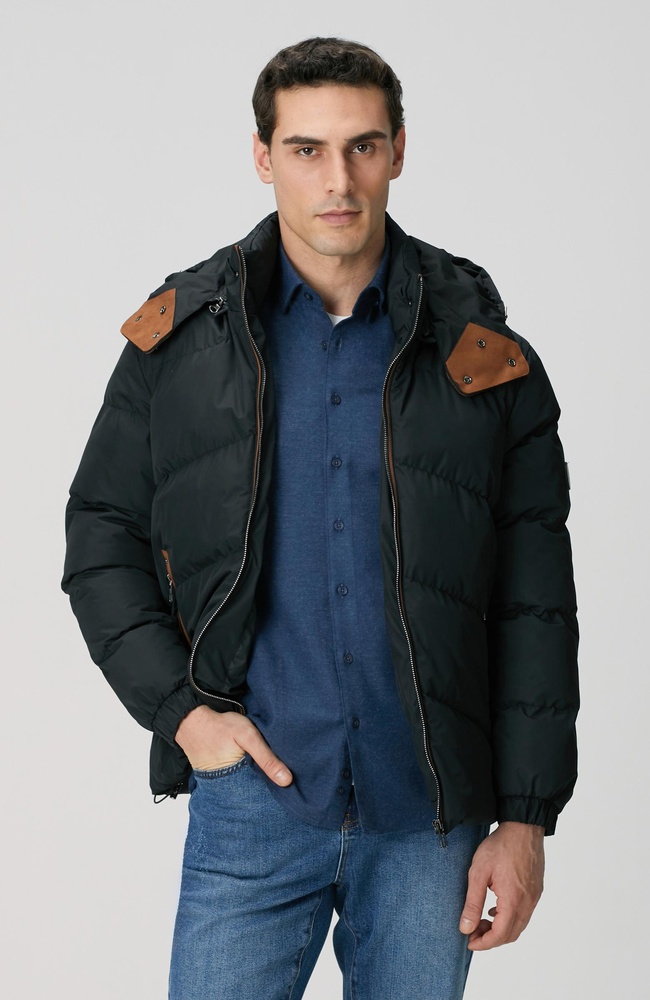  Network Erkek Siyah Su İtici Özellikli Deri Garnili Mont