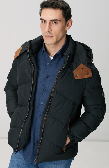  Network Erkek Siyah Su İtici Özellikli Deri Garnili Mont