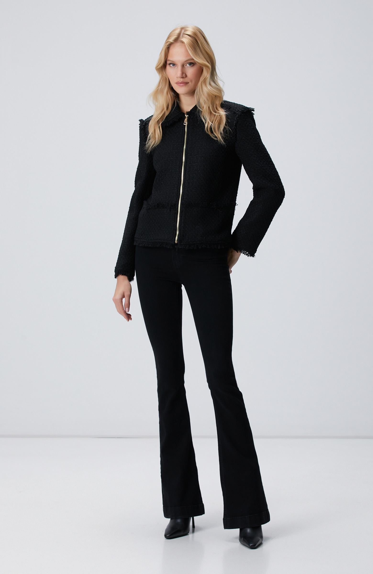  Network Kadın Siyah Fermuarlı Püskül Detaylı Tweed Ceket