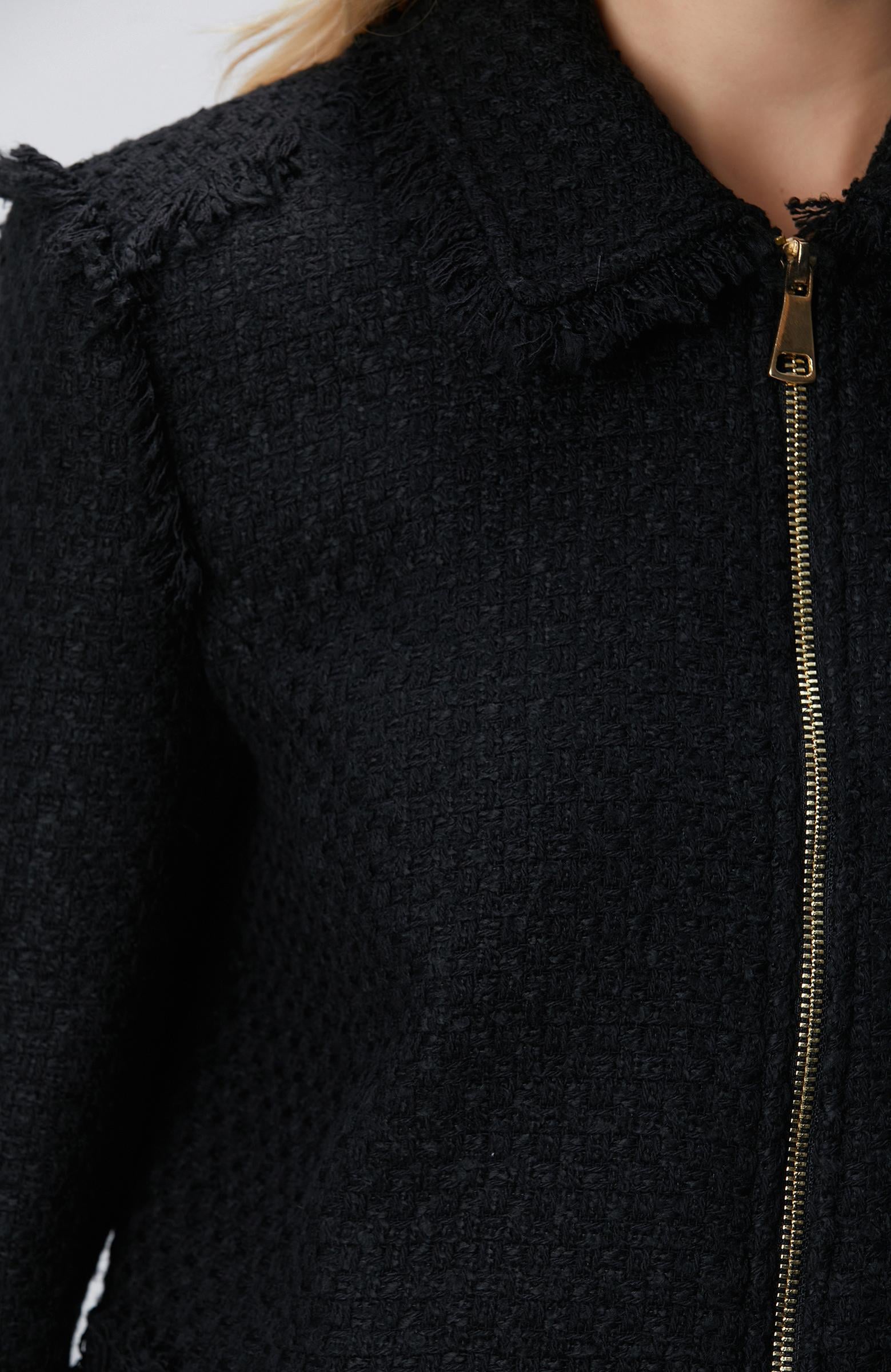  Network Kadın Siyah Fermuarlı Püskül Detaylı Tweed Ceket