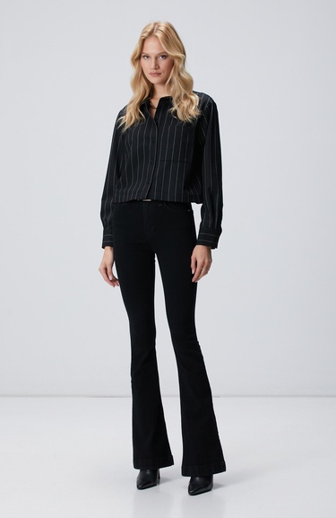  Network Kadın Siyah Çizgi Desenli Nakış Detaylı Gömlek