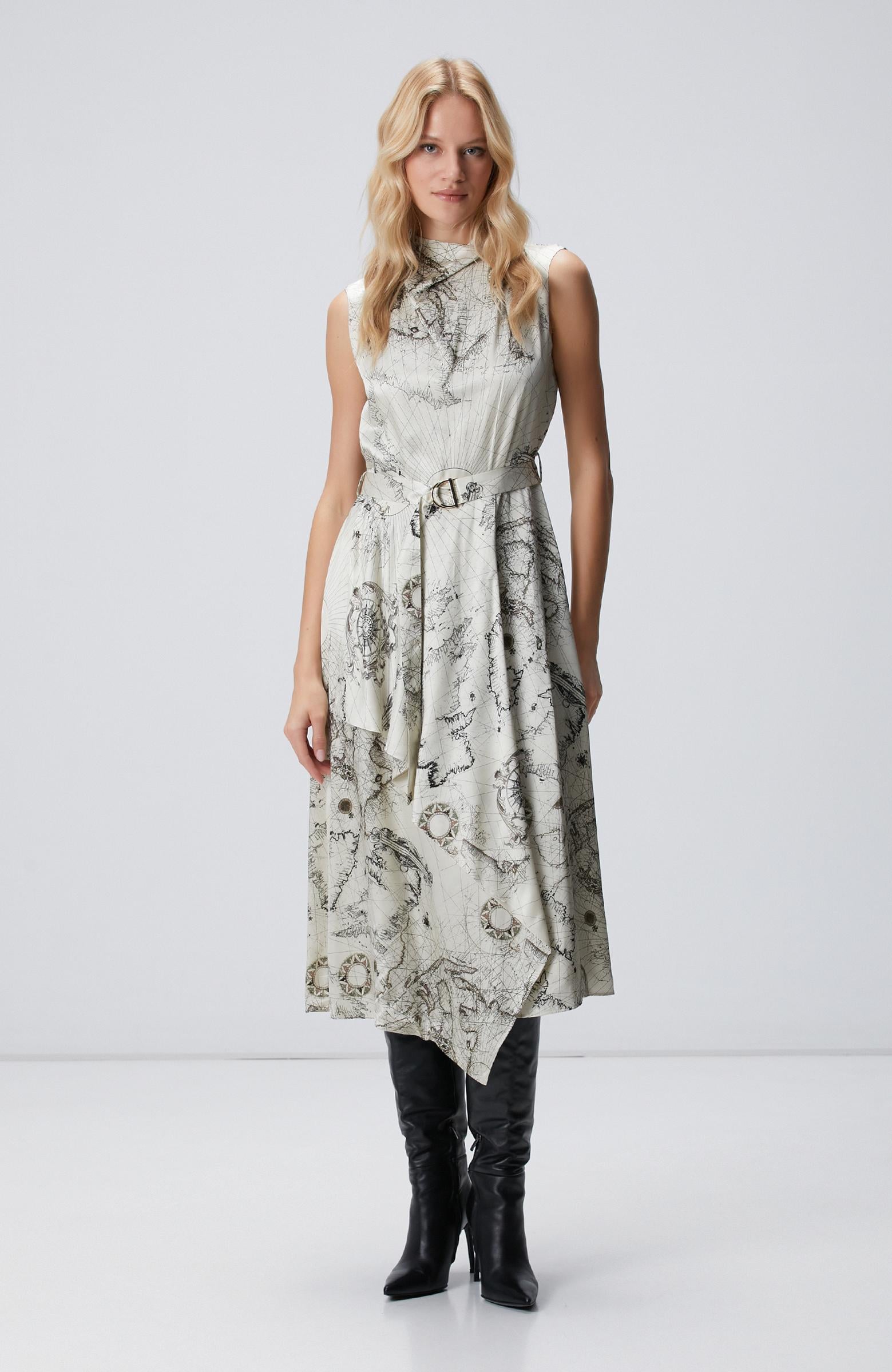 Network Kadın Limited Açık Bej Desenli İpek Karışımlı Elbise