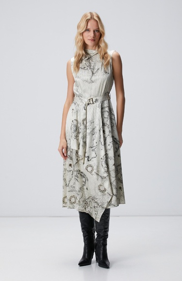  Network Kadın Limited Açık Bej Desenli İpek Karışımlı Elbise