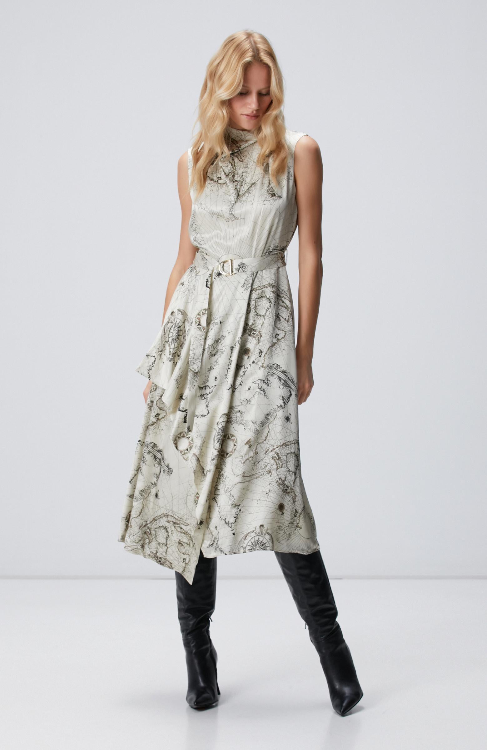 Network Kadın Limited Açık Bej Desenli İpek Karışımlı Elbise