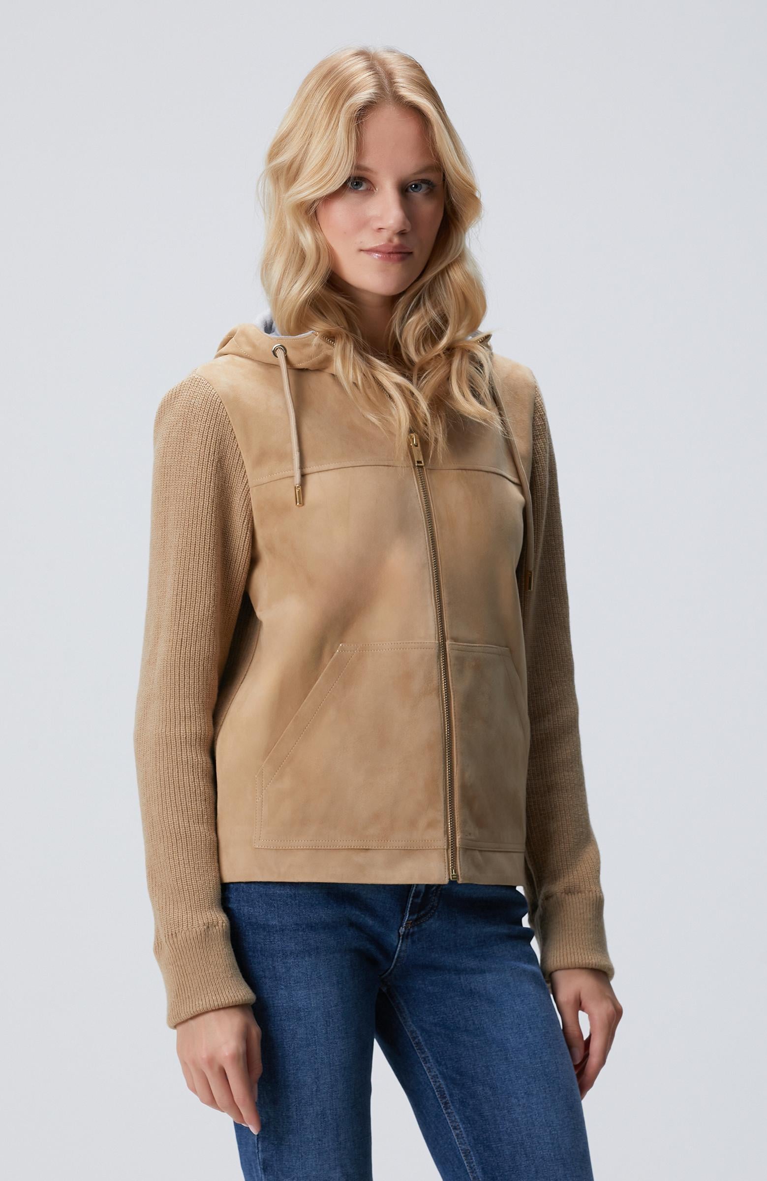  Network Kadın Bej Kapüşonlu Triko Detaylı Süet Deri Mont