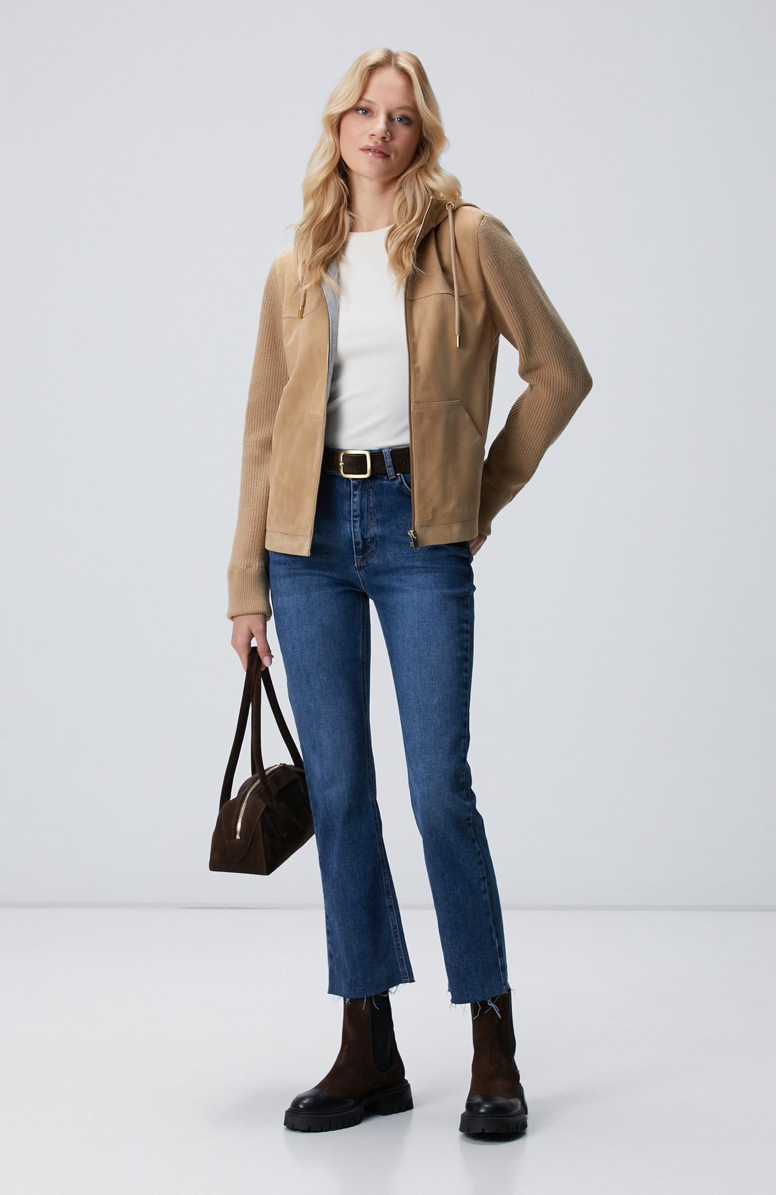  Network Kadın Bej Kapüşonlu Triko Detaylı Süet Deri Mont