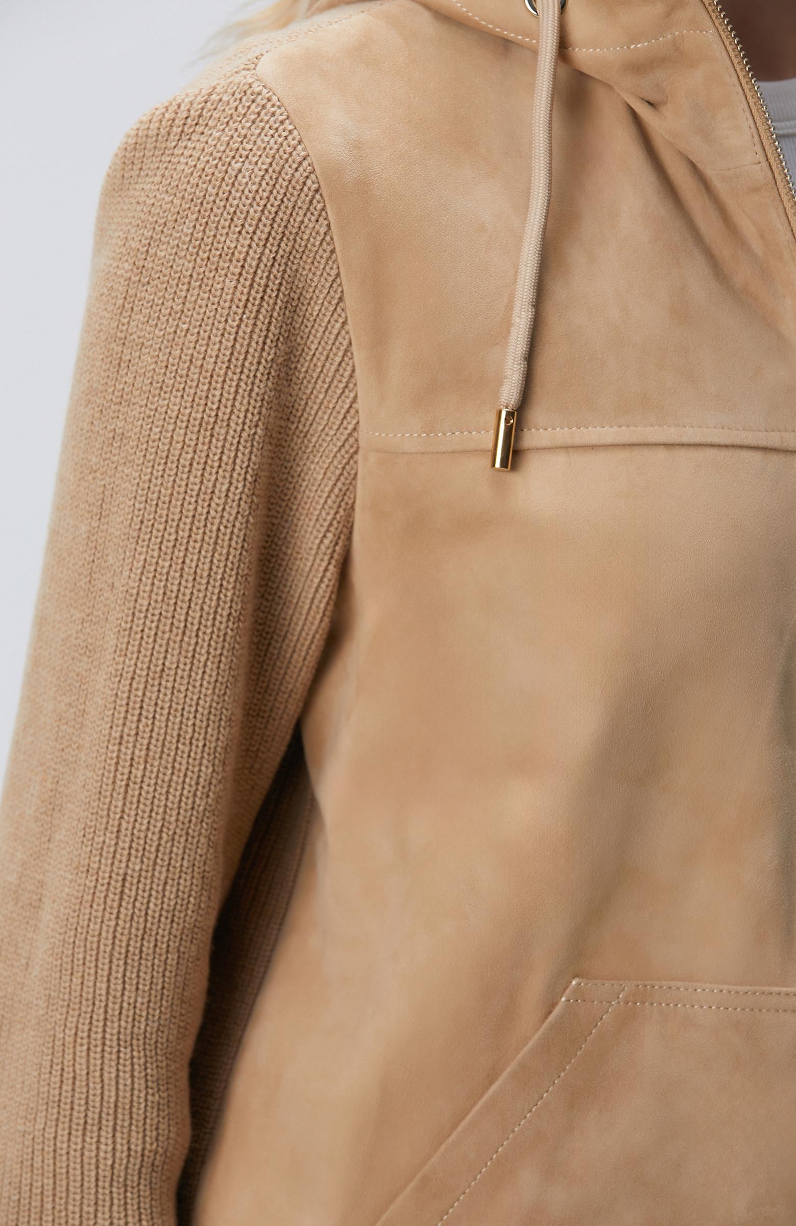  Network Kadın Bej Kapüşonlu Triko Detaylı Süet Deri Mont