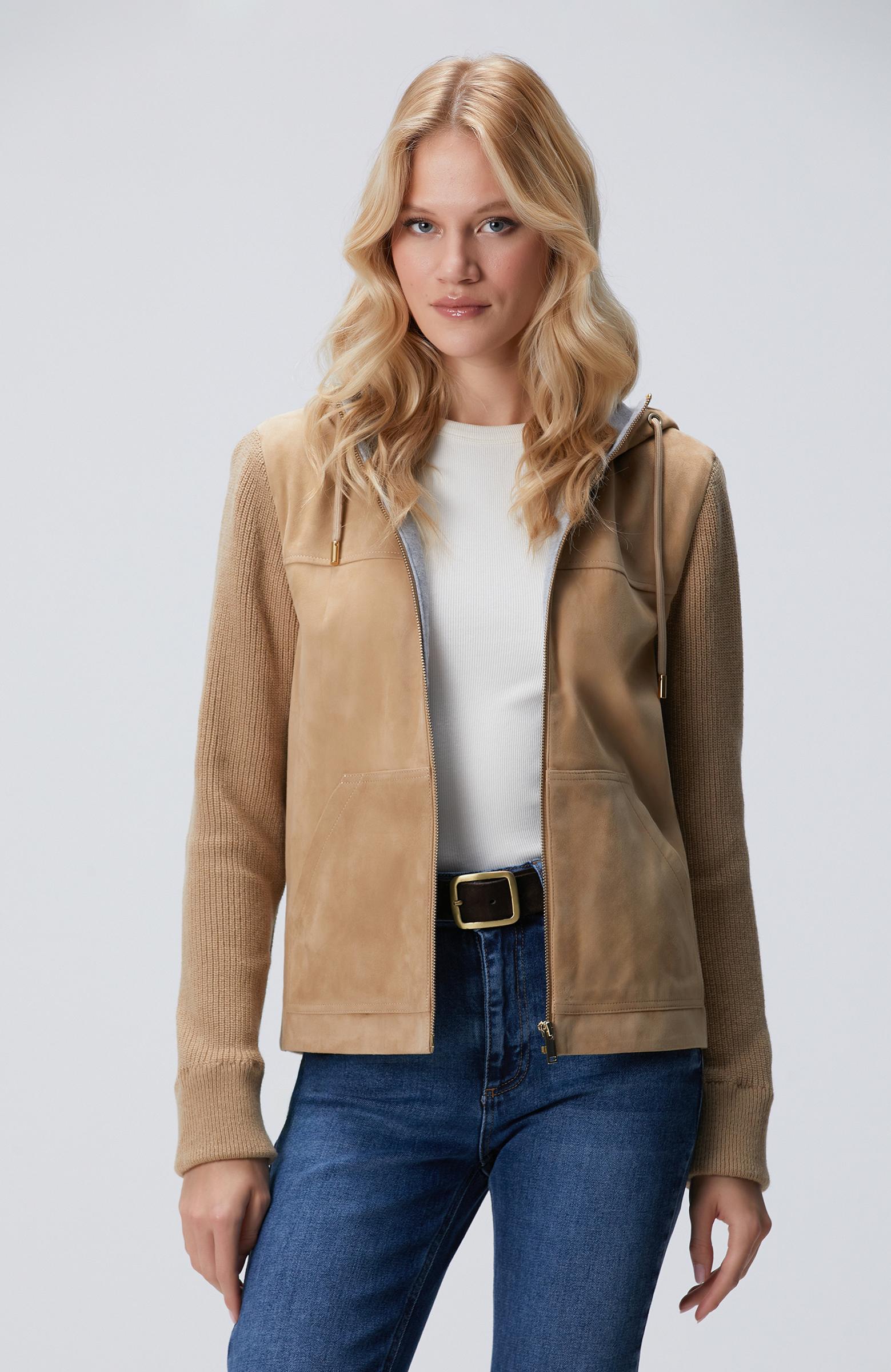 Network Kadın Bej Kapüşonlu Triko Detaylı Süet Deri Mont