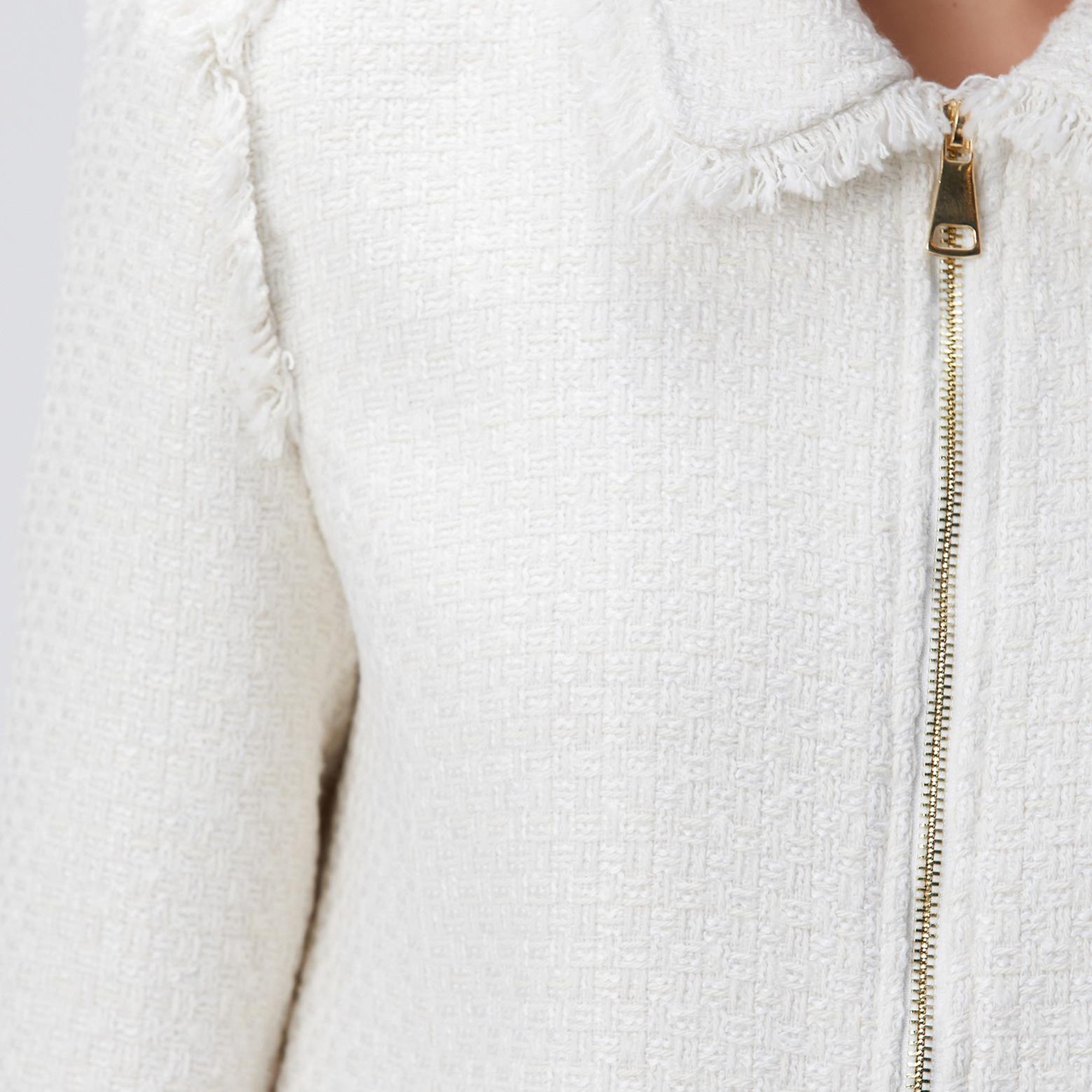 Network Kadın Kırık Beyaz Fermuarlı Püskül Detaylı Tweed Ceket