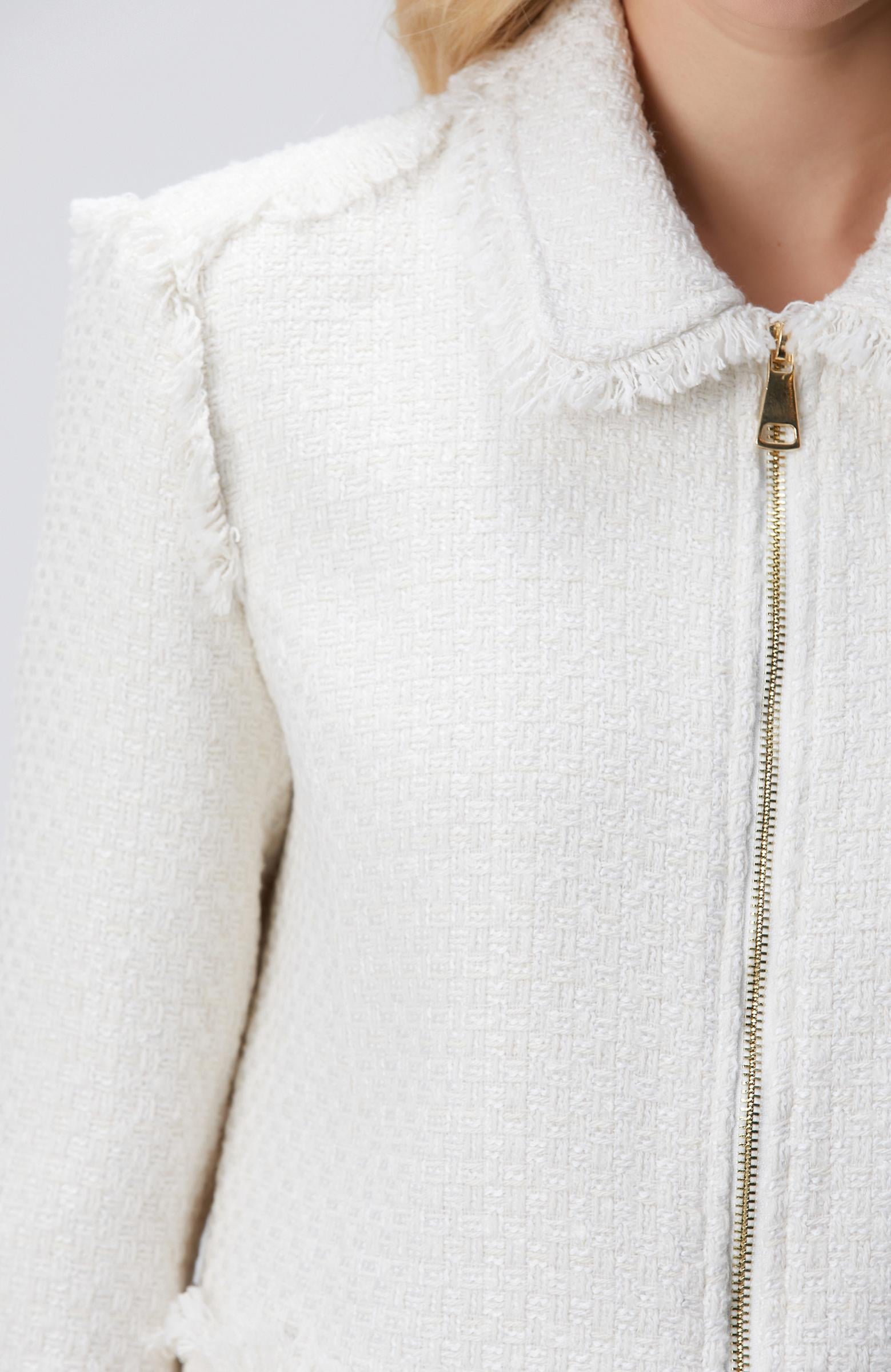  Network Kadın Kırık Beyaz Fermuarlı Püskül Detaylı Tweed Ceket