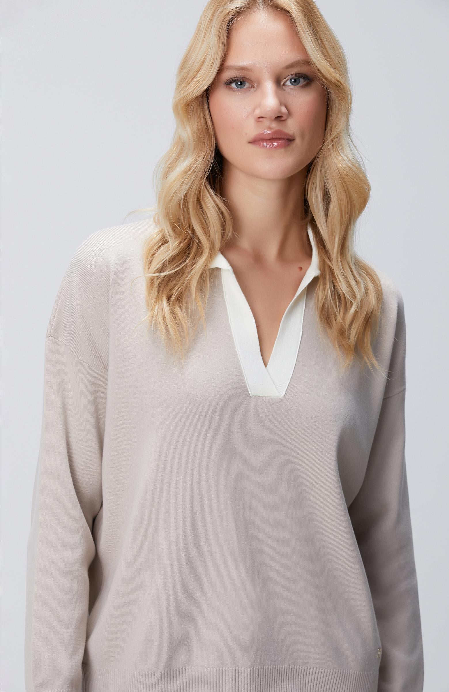  Network Kadın Bej Melanj Polo Yaka Triko Kazak