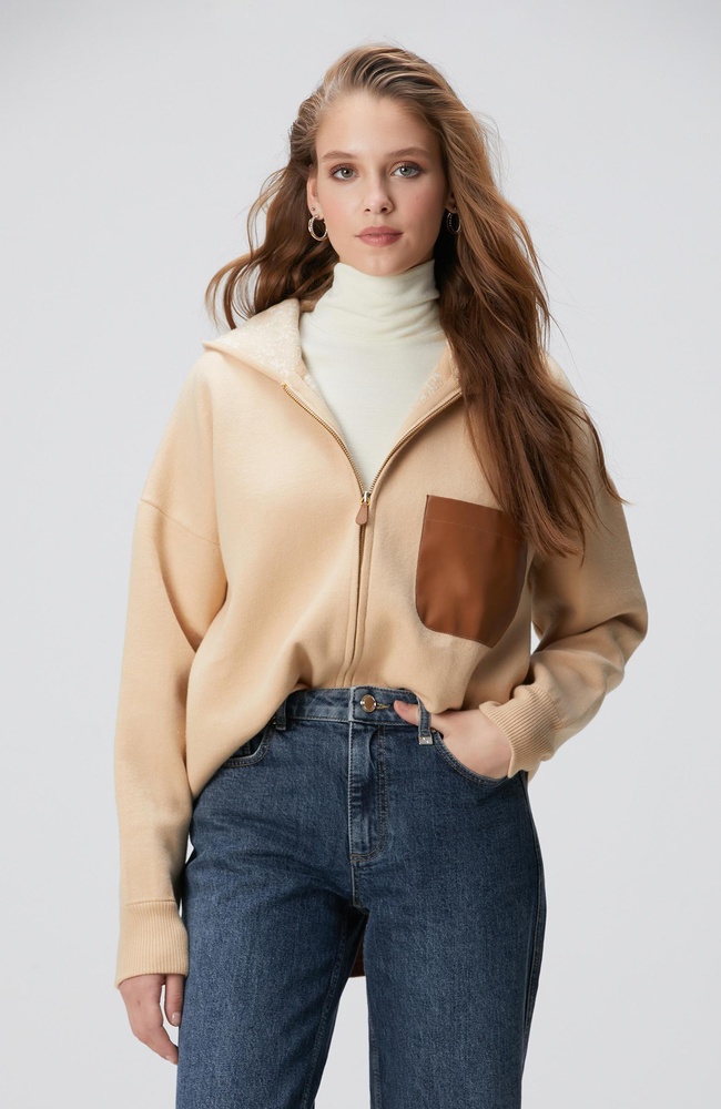  Network Kadın Limited Bej Yün Karışımlı İçi Desenli Triko Ceket