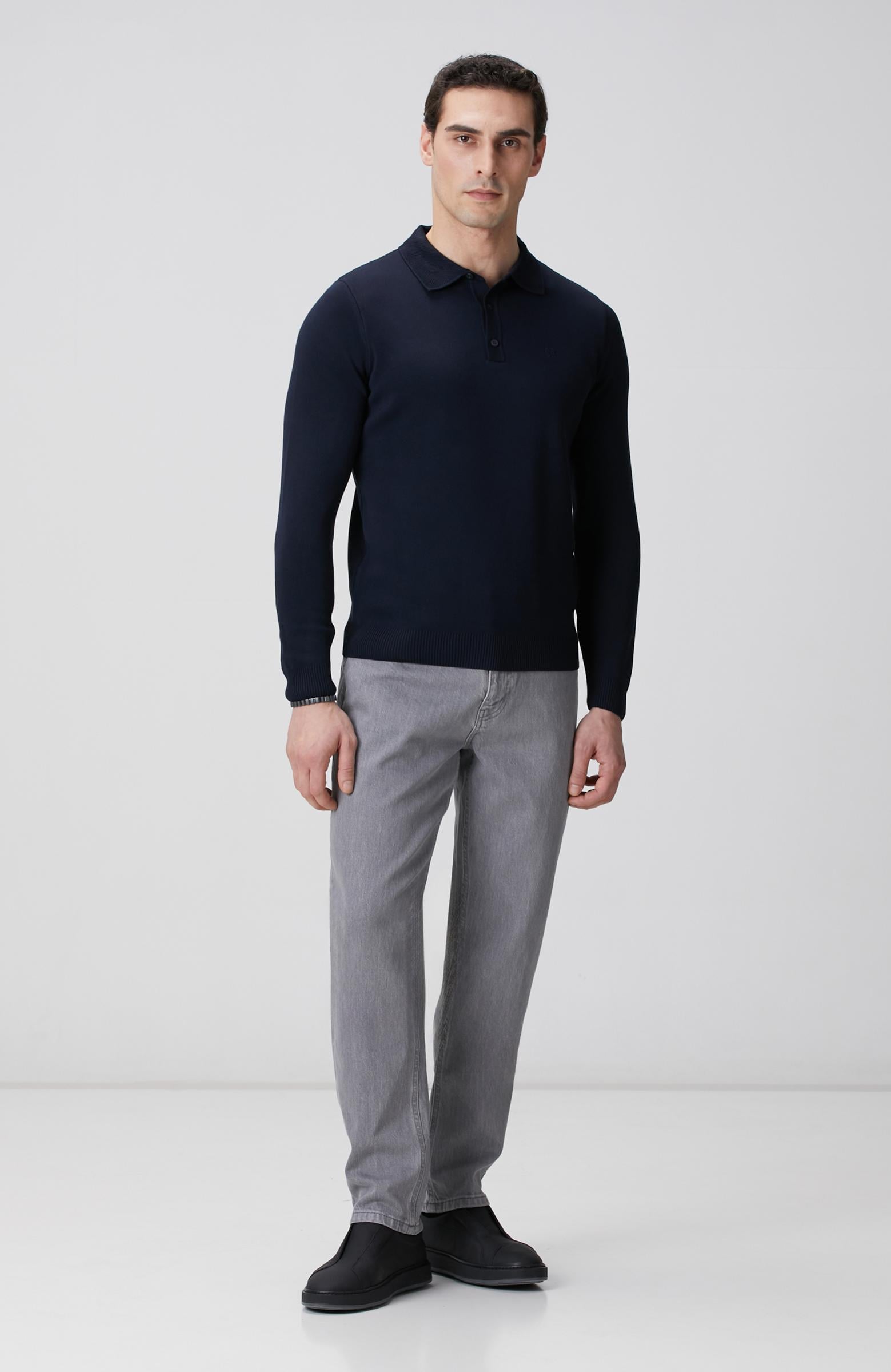  Network Erkek Lacivert Polo Yaka Uzun Kol Pike Örgü Kazak