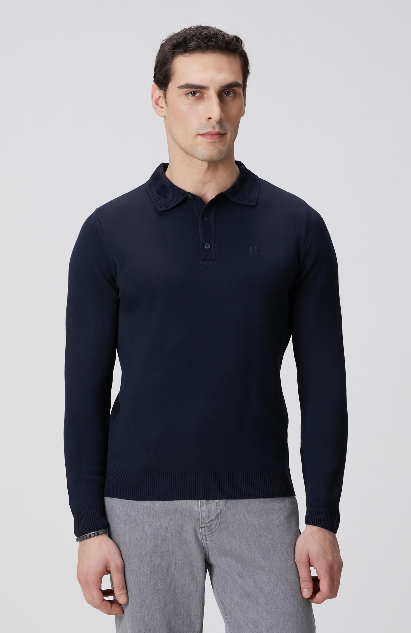 Network Erkek Lacivert Polo Yaka Uzun Kol Pike Örgü Kazak