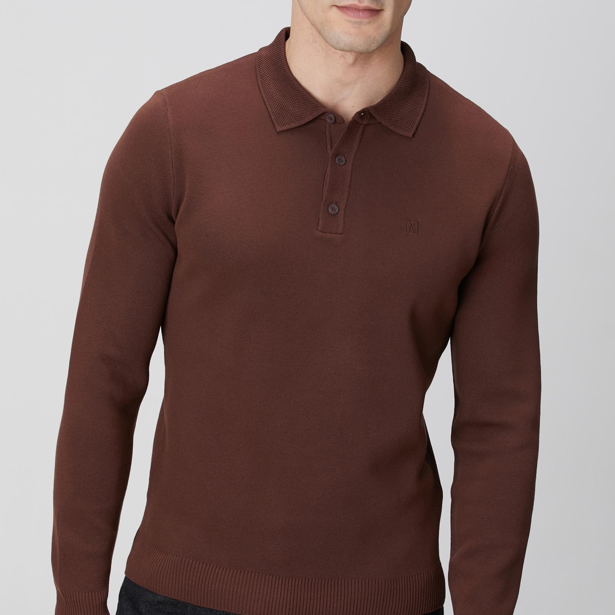 Network Erkek Acı Kahve Polo Yaka Uzun Kol Pike Örgü Kazak