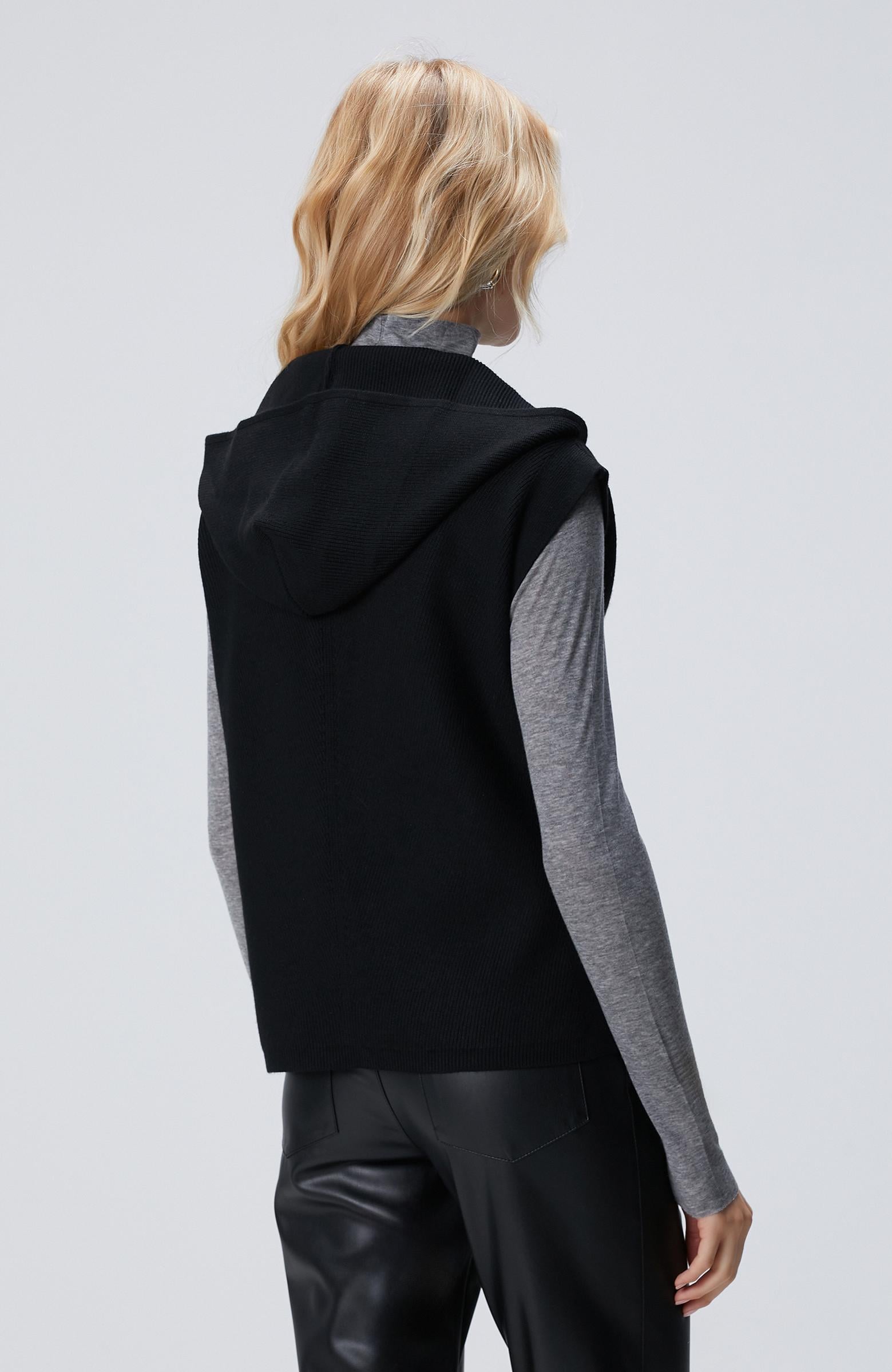 Network Kadın Siyah Verev Desen Örgü Kapüşonlu Kolsuz Kazak