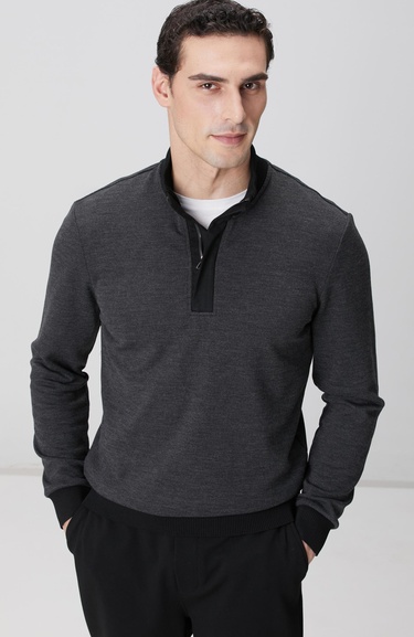  Network Erkek Siyah Fermuarlı Yaka Garnili Sweatshirt