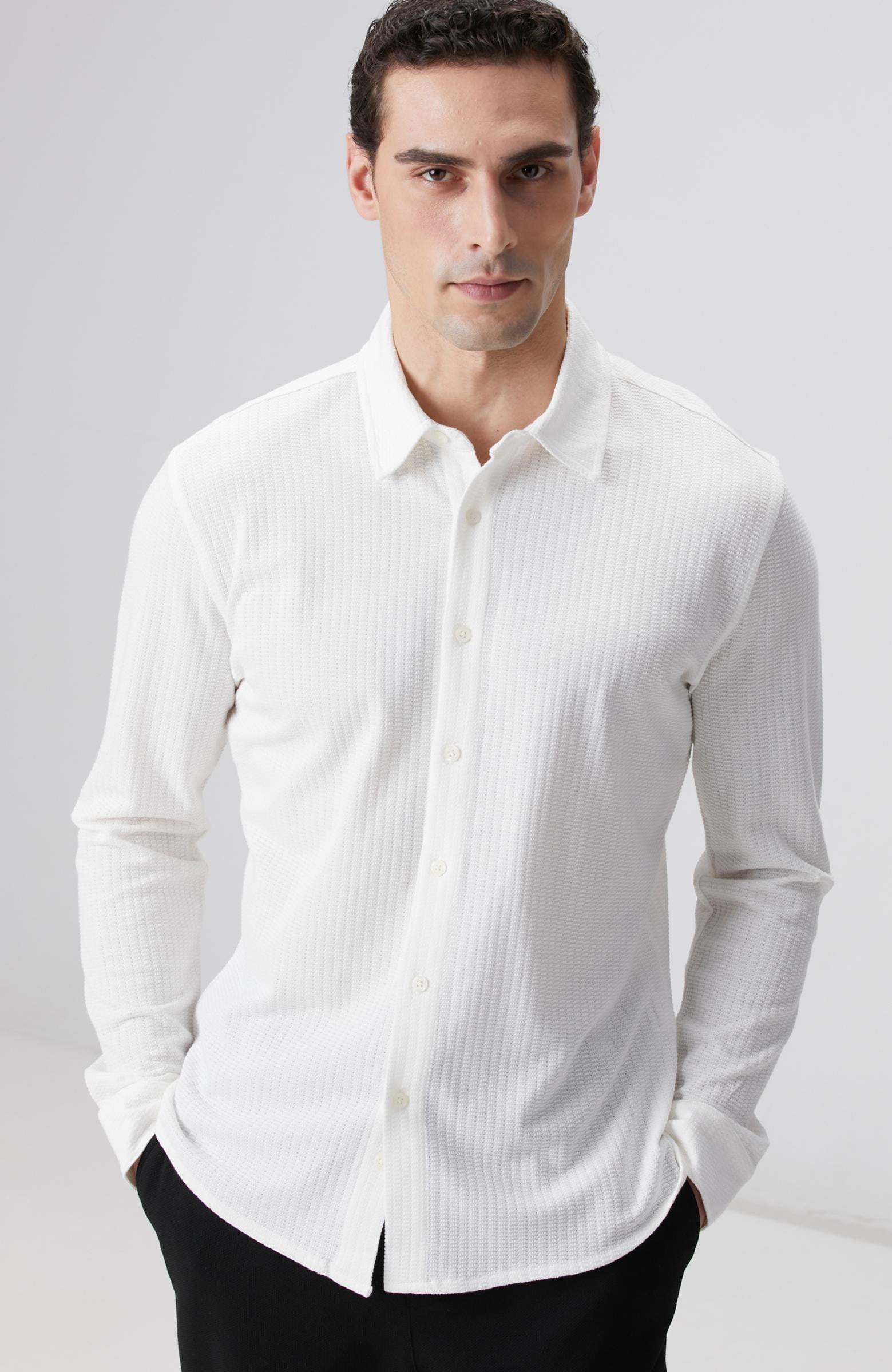 Network Erkek Beyaz Uzun Kollu Örme Gömlek