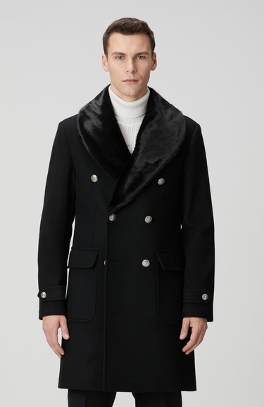  Network Erkek Siyah Yün Kaşmir Karışımlı Palto