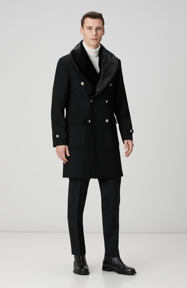  Network Erkek Siyah Yün Kaşmir Karışımlı Palto