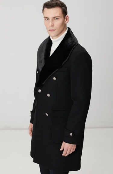  Network Erkek Siyah Yün Kaşmir Karışımlı Palto