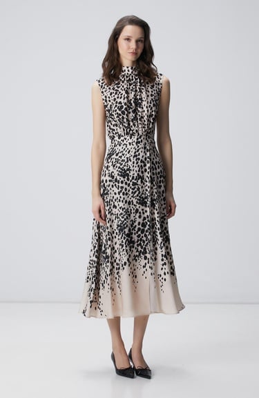  Network Kadın Bej Siyah Desenli Midi Viskon Elbise