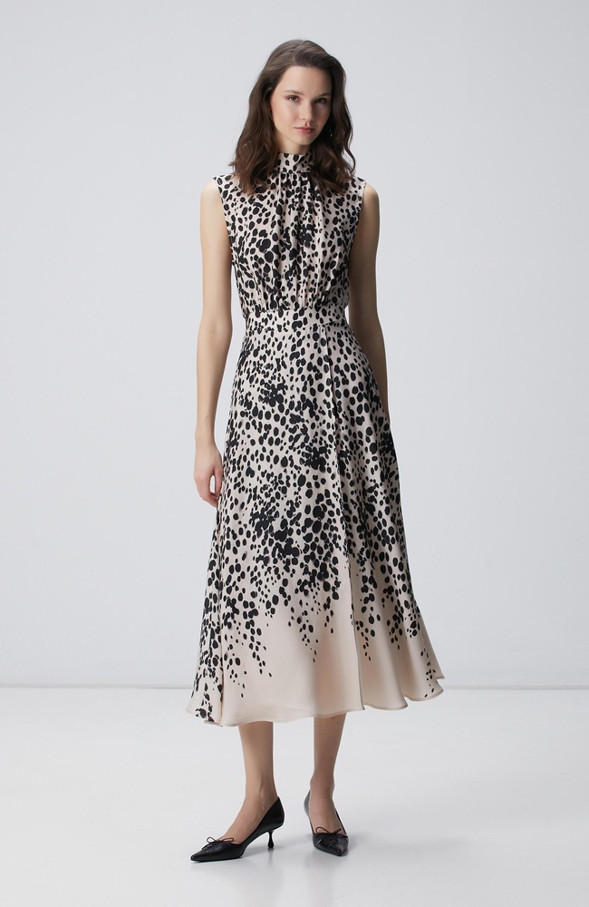  Network Kadın Bej Siyah Desenli Midi Viskon Elbise