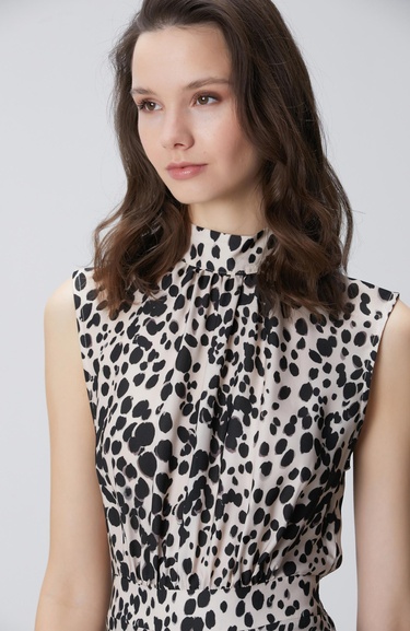  Network Kadın Bej Siyah Desenli Midi Viskon Elbise