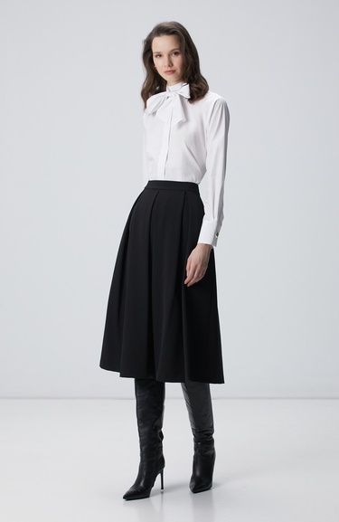  Network Kadın Siyah Geniş Pile Detaylı Diz Altı Etek