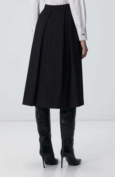  Network Kadın Siyah Geniş Pile Detaylı Diz Altı Etek