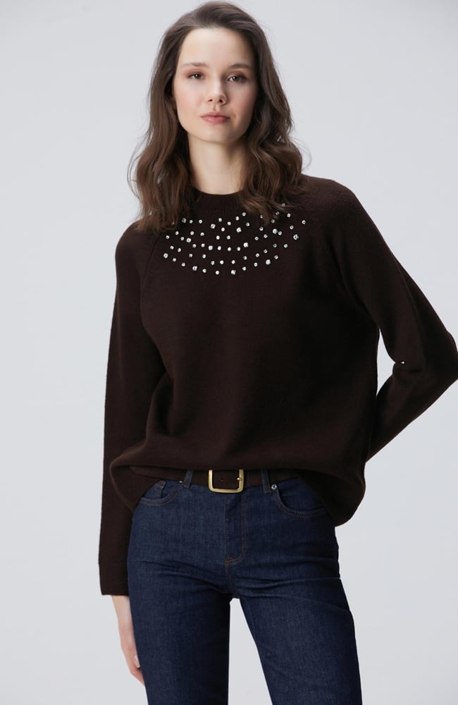  Network Kadın Kahverengi Bisiklet Yaka Taş İşlemeli Kazak