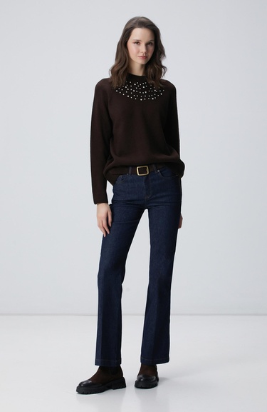  Network Kadın Kahverengi Bisiklet Yaka Taş İşlemeli Kazak