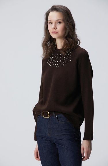  Network Kadın Kahverengi Bisiklet Yaka Taş İşlemeli Kazak