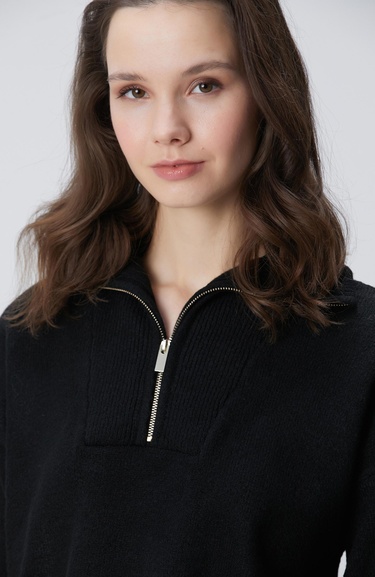  Network Kadın Siyah Dik Yaka Fermuarlı Uzun Kol Kazak