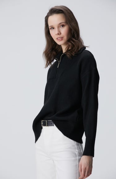  Network Kadın Siyah Dik Yaka Fermuarlı Uzun Kol Kazak