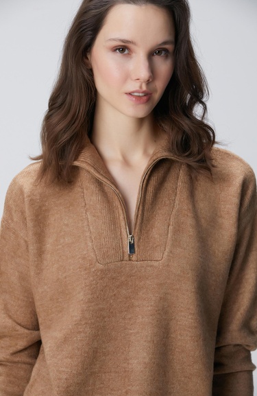  Network Kadın Camel Dik Yaka Fermuarlı Uzun Kol Kazak