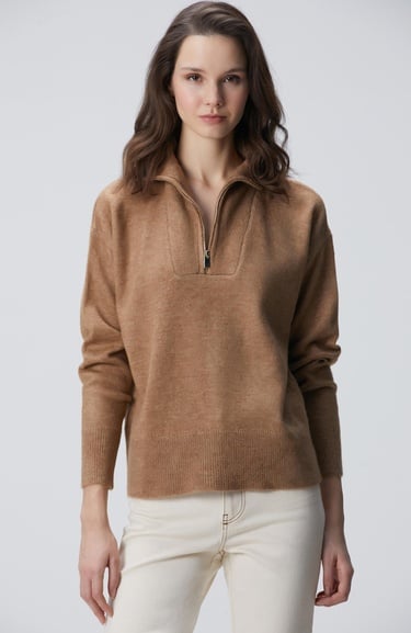  Network Kadın Camel Dik Yaka Fermuarlı Uzun Kol Kazak