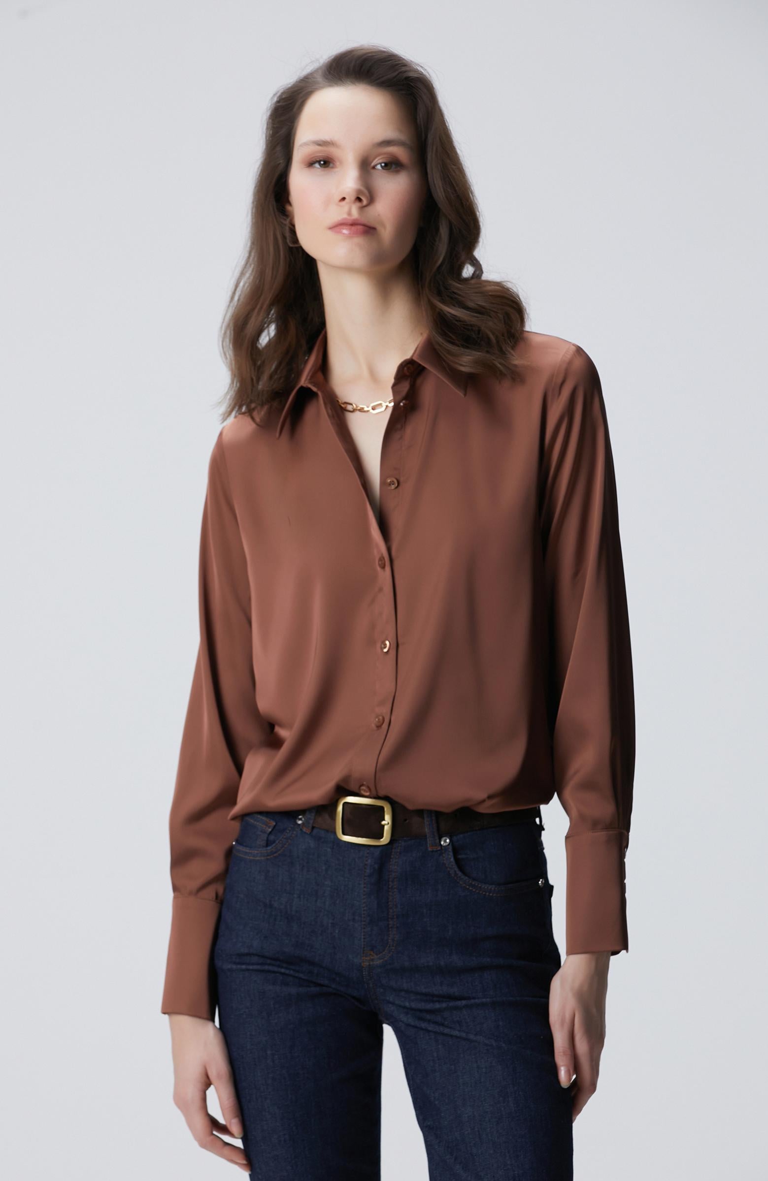 Network Kadın Kahverengi Geniş Manşetli Saten Gömlek