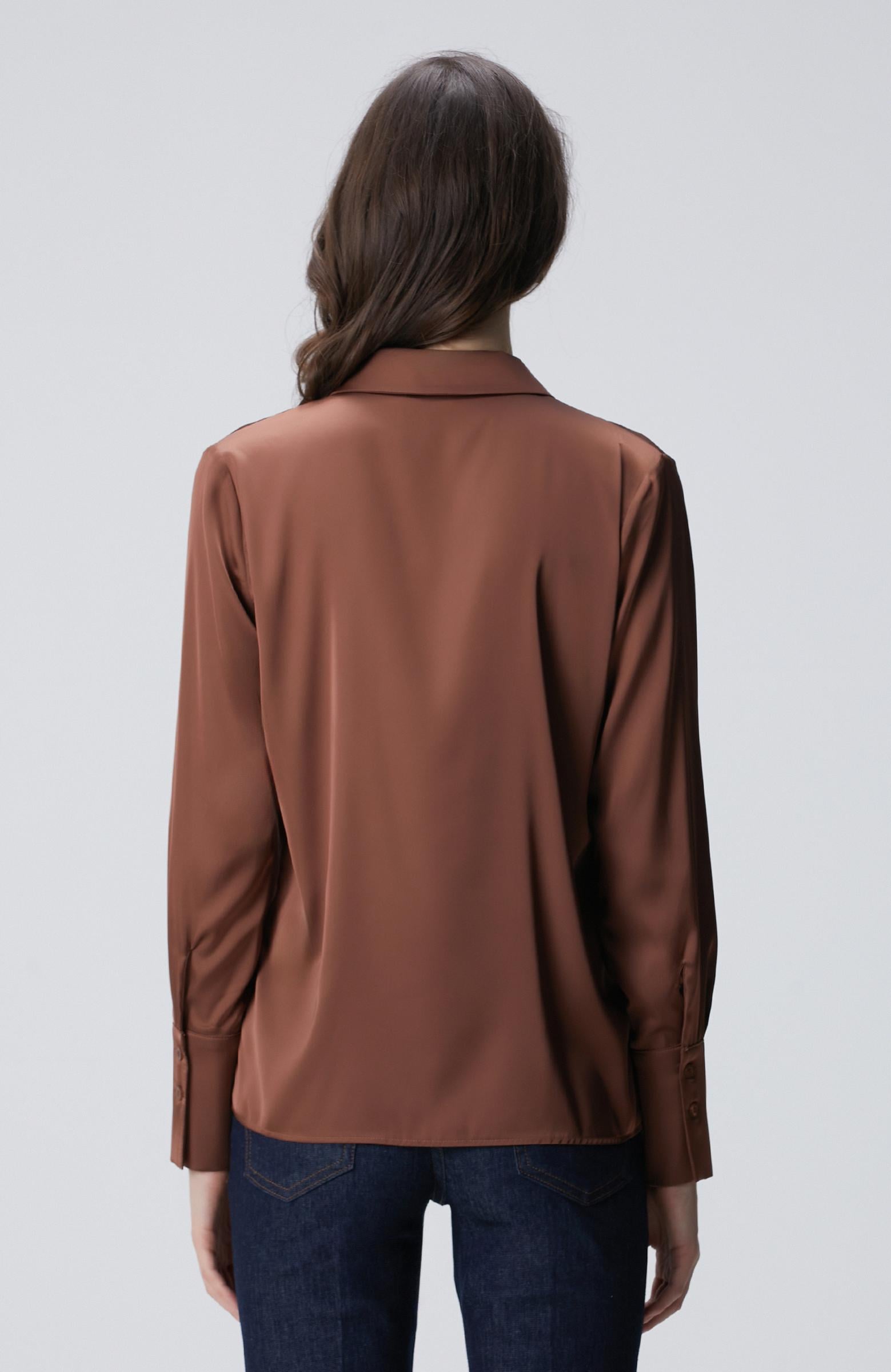 Network Kadın Kahverengi Geniş Manşetli Saten Gömlek