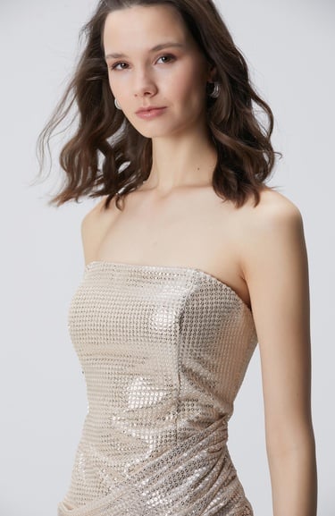  Network Kadın Gold Altın Rengi Payetli Mini Abiye Elbise