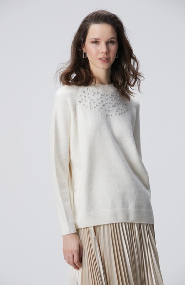  Network Kadın Kırık Beyaz Bisiklet Yaka Taş İşlemeli Kazak