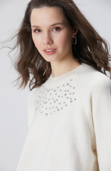  Network Kadın Kırık Beyaz Bisiklet Yaka Taş İşlemeli Kazak