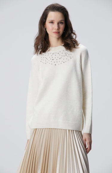  Network Kadın Kırık Beyaz Bisiklet Yaka Taş İşlemeli Kazak