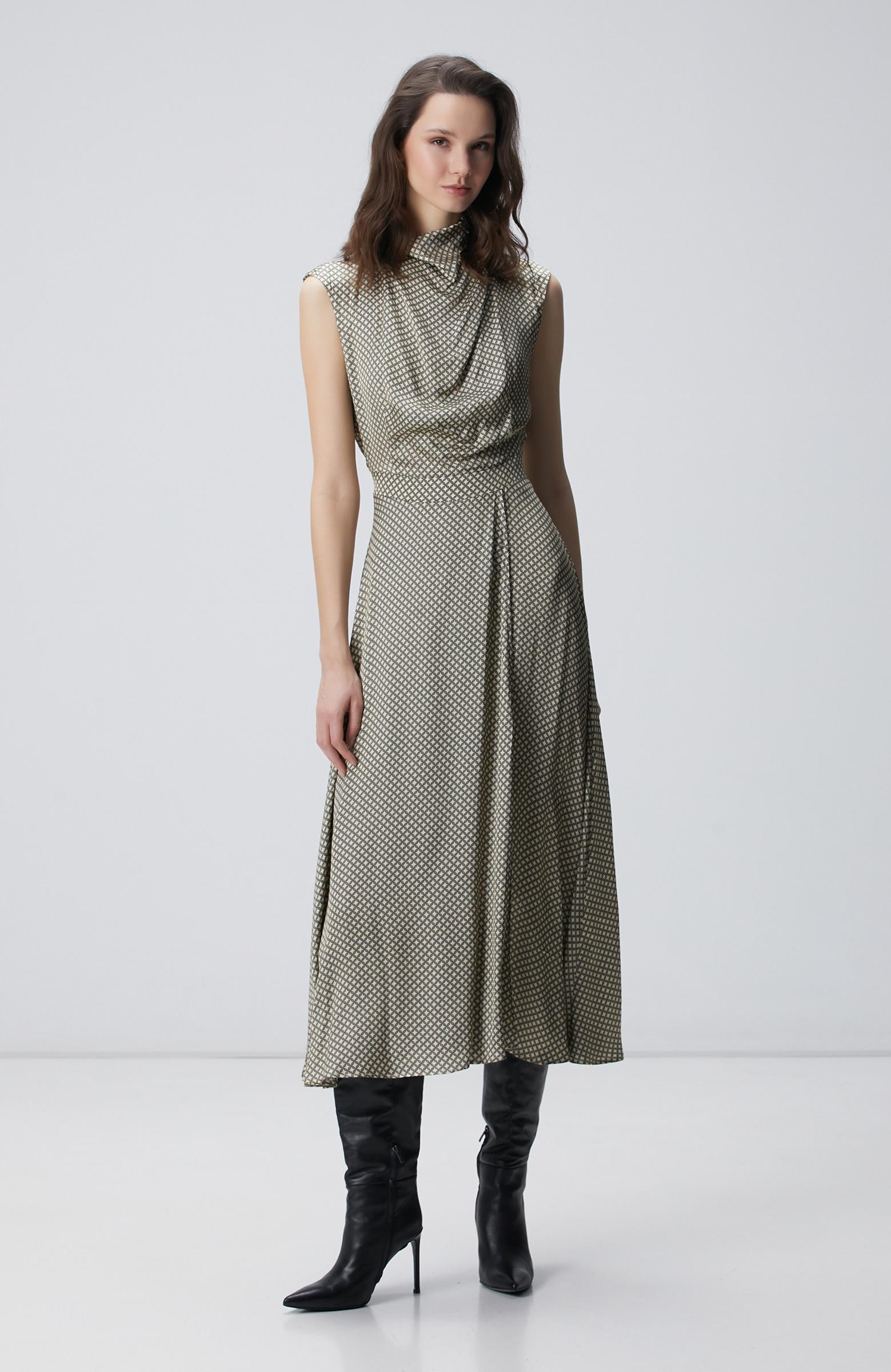  Network Kadın Sarı Desenli Midi Elbise