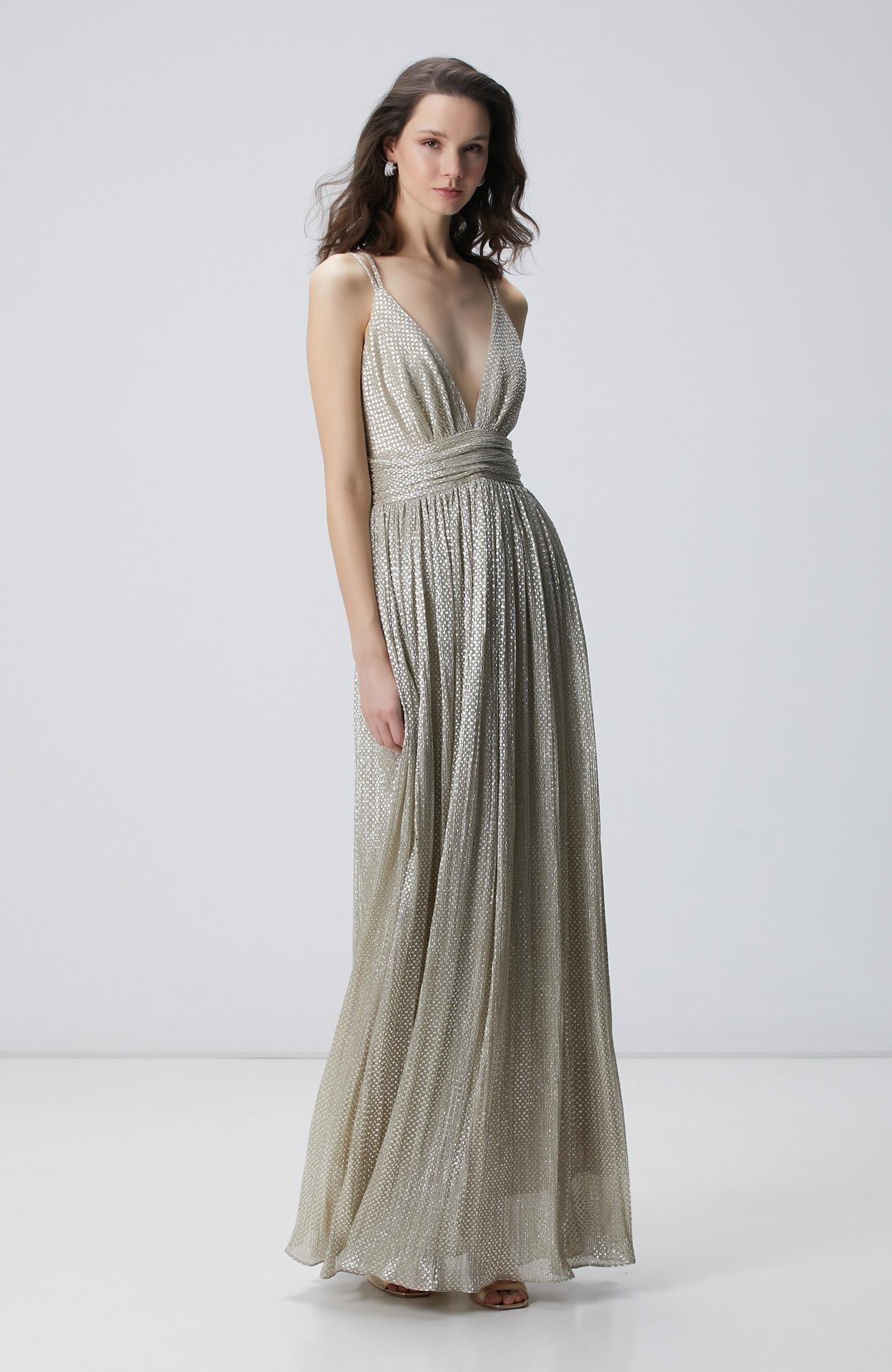 Network Kadın Gold Altın Rengi Maxi Abiye Elbise